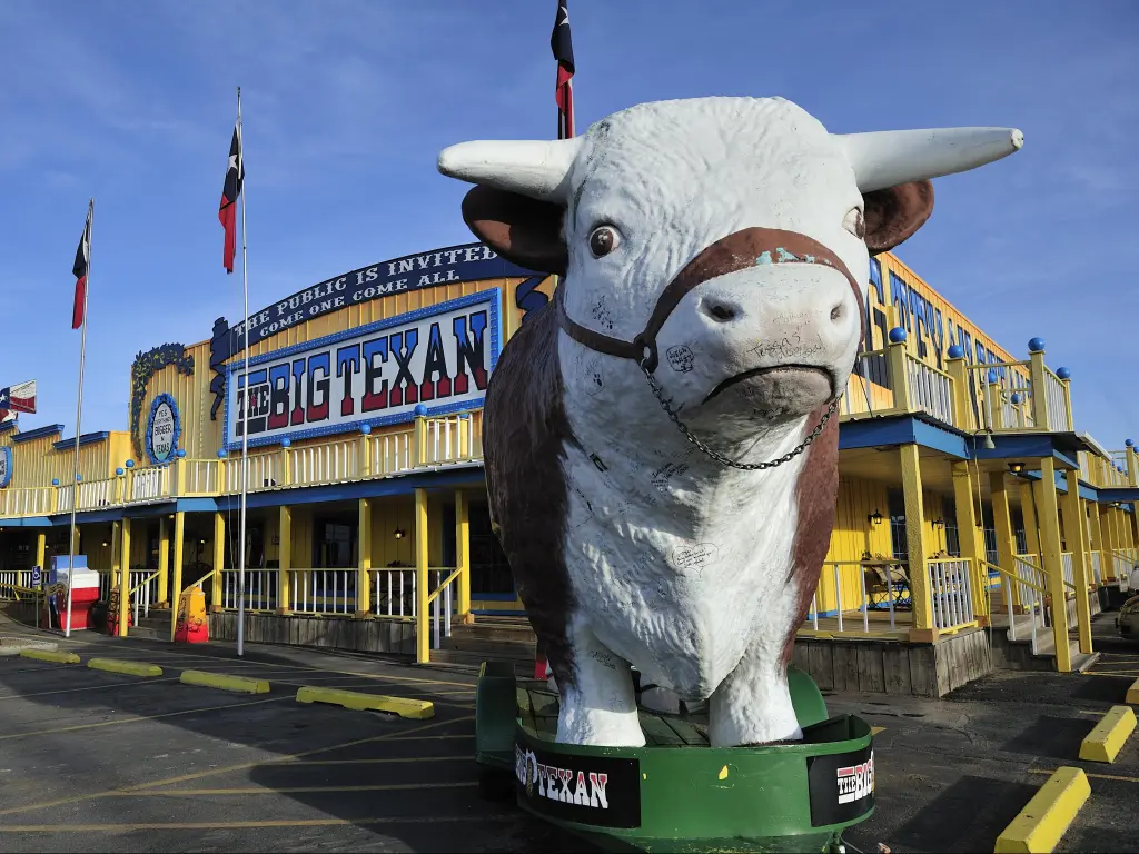 The renowned Big Texan Steak Ranch, a combination of a steakhouse restaurant and motel in Amarillo, Texas, originally opened its doors on the former U.S. Route 66.