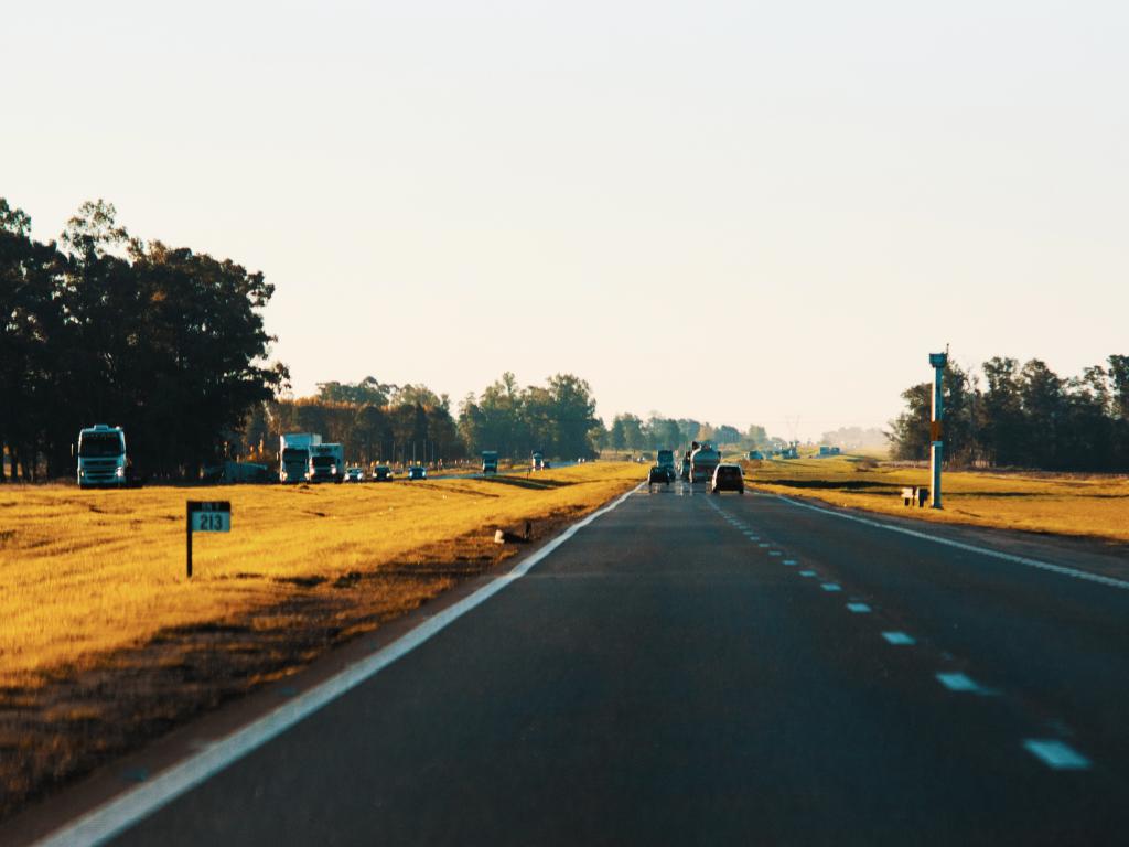 Long road on Route 4, Argentina with grasses on both side and some cars travelling on a clear sky.