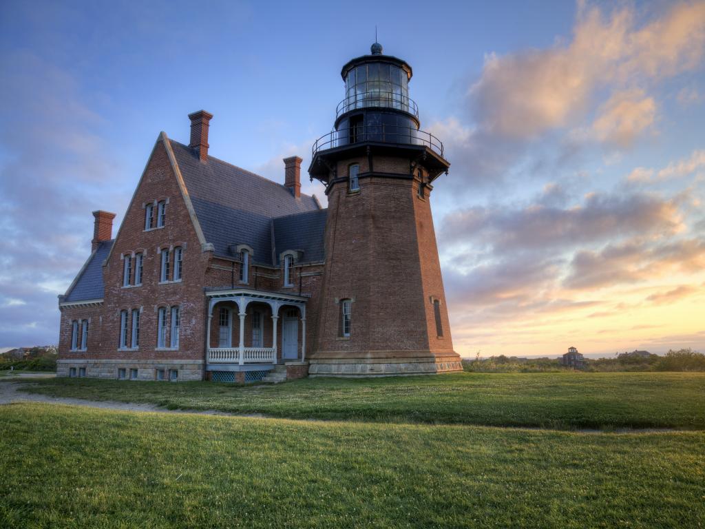 South East Lighthouse at sunrise on Block Island, off the coast of Rhode Island.