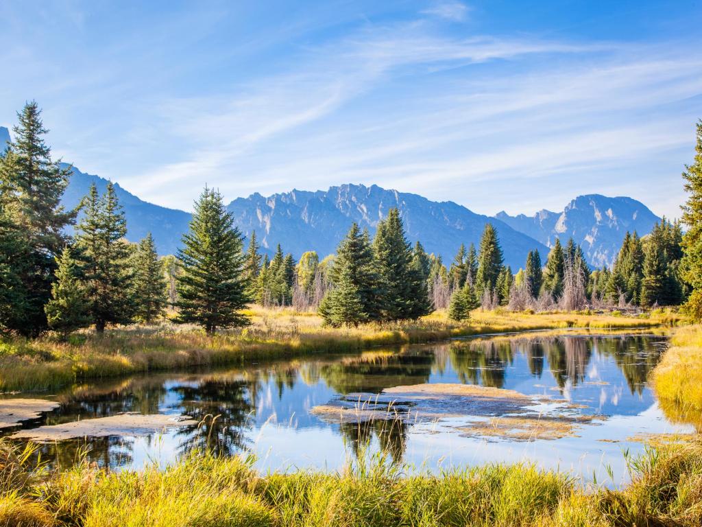 Pond in front of the Grand Teton Mountains. On the Snake River near Oxbow Bend. Jackson Hole, Wyoming, USA.