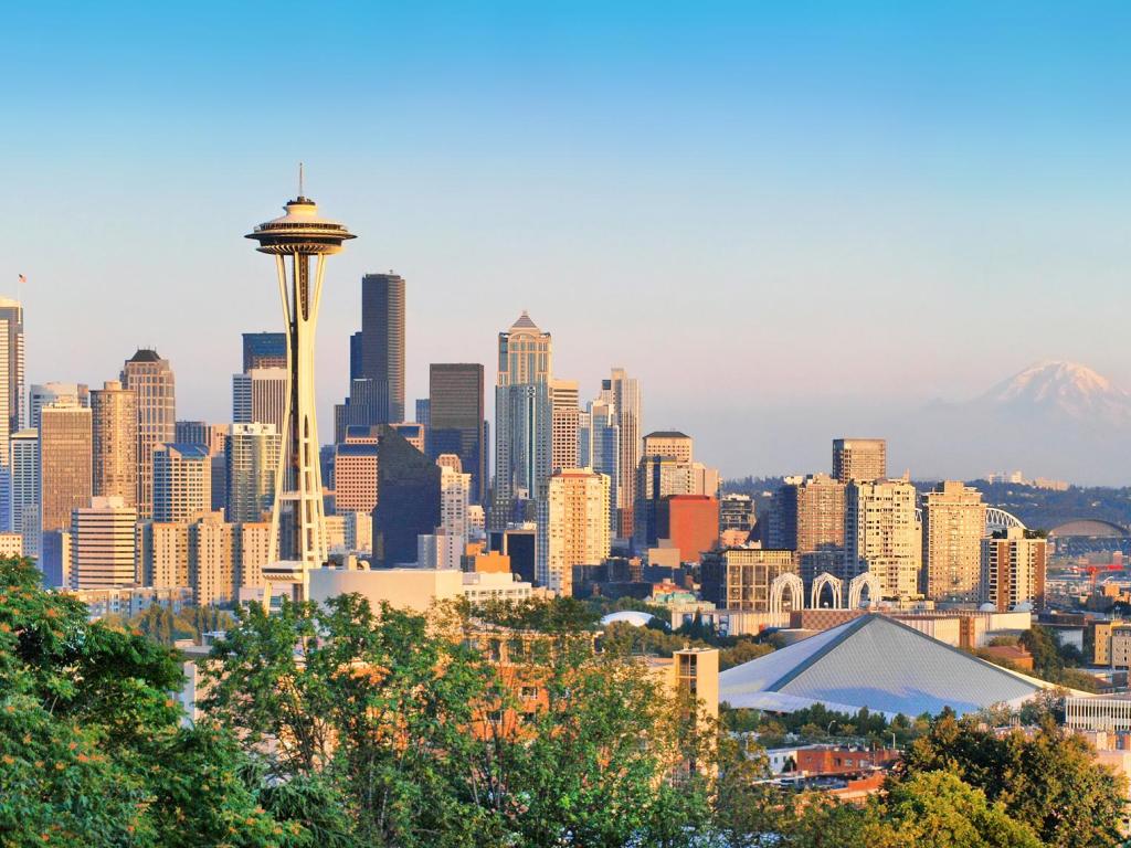 Seattle skyline panorama at sunset as seen from Kerry Park, Seattle, WA