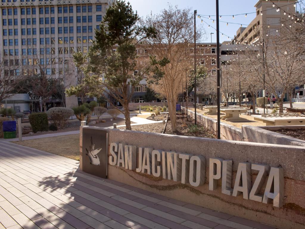 A view of the entrance are to the San Jacinto Plaza park.