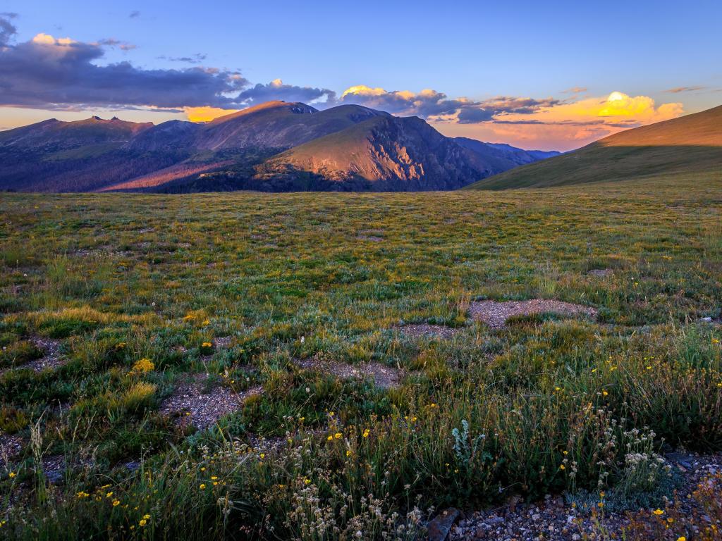 Sunset views across the mountains and meadows, seen from the Trail Ridge Road