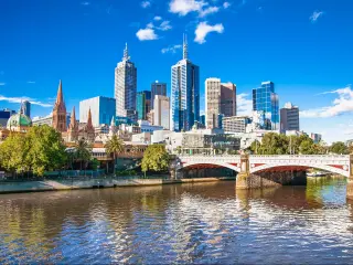 Melbourne skyline looking towards Flinders Street Station. 