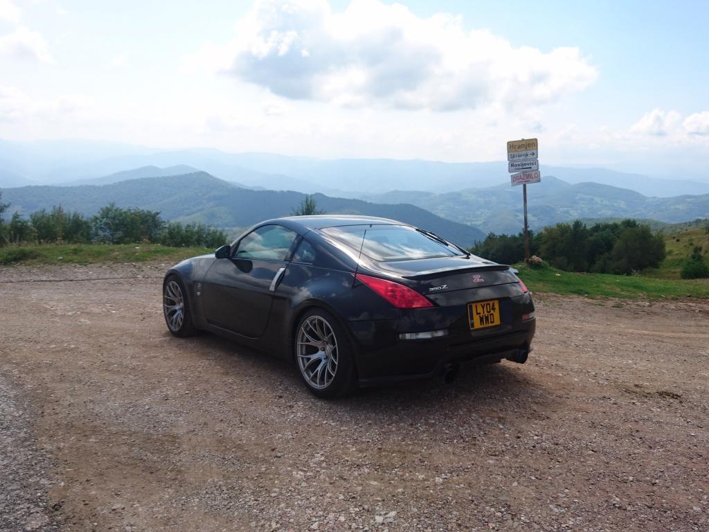 Sasha's 350z in the mountains of northern Bosnia looking down into the valley.