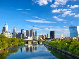 View of Philadelphia downtown skyline, with Schuylkill River in the forefront, PA, USA