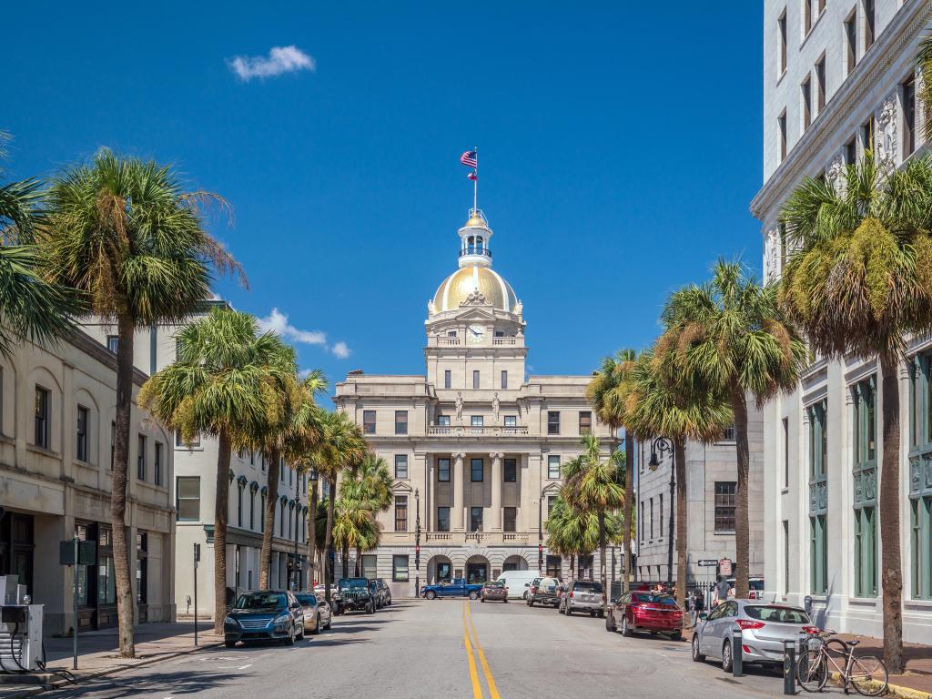 The golden dome of the Savannah City Hall in Savannah, Georgia, USA on a sunny day.