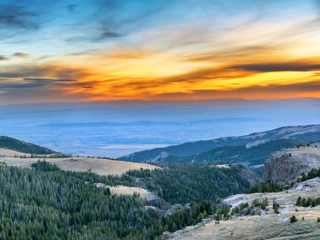 Dramatic beautiful sunset viewed from the Bighorn Mountains near Sheridan, Wyoming.