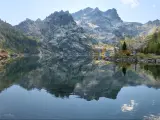 Sierra Buttes and the Upper Sardine Lake in the Tahoe National Forest, California.