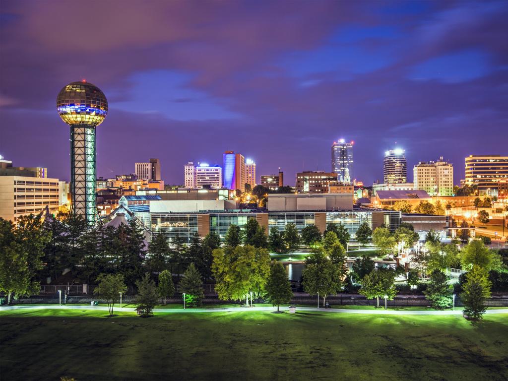 Knoxville, Tennessee, USA downtown at World's Fair Park at night.