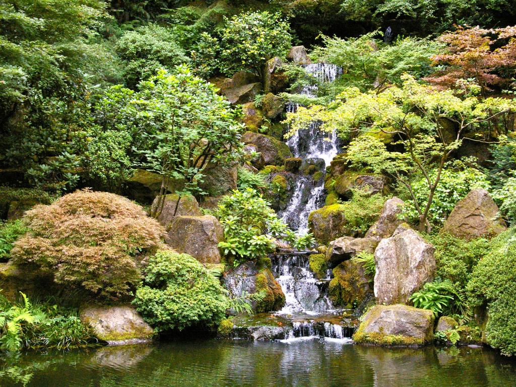 A waterfall in the Japanese Garden in Portland, Oregon.