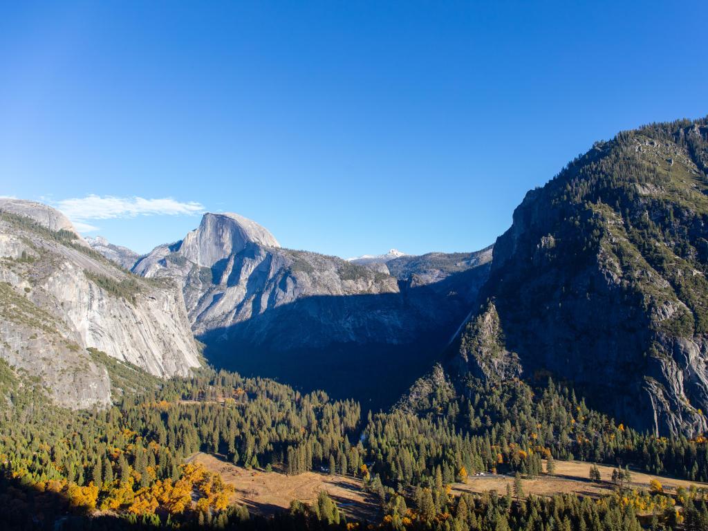 View of Half Dome from Columbia Rock, bright blue skies above and lush pine forests below
