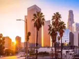 Los Angeles, USA with the the skyline of the city with palm trees in the foreground during sunrise.