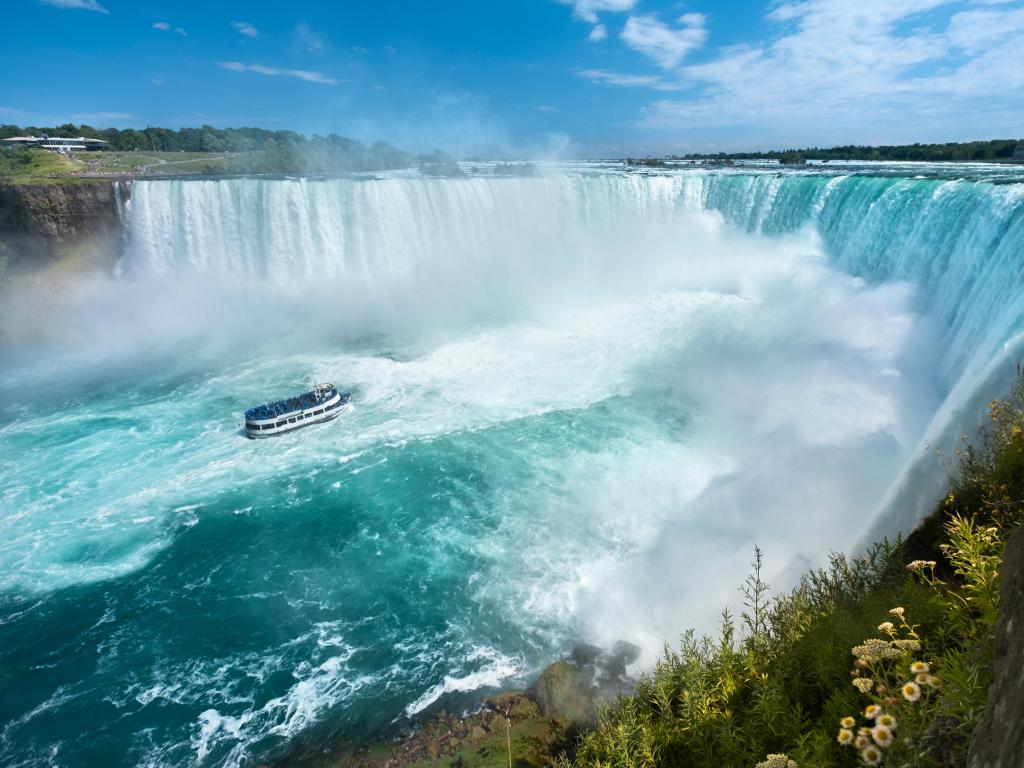 Niagara Falls on a sunny day with blue sky, photo taken from the Canadian side