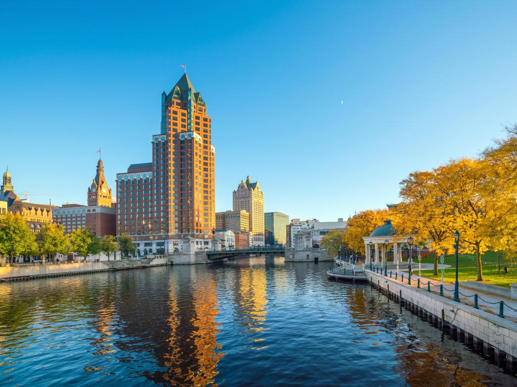 Downtown Milwaukee by the Milwaukee River on a clear sunny day