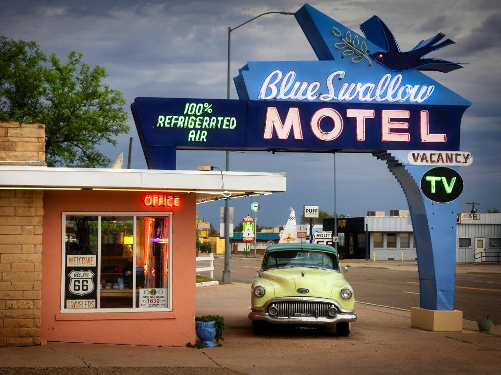 The Blue Swallow Motel, built in 1939, still operates on historic Route 66.