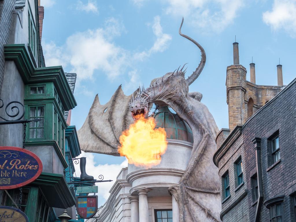 Gringotts Bank Dragon breathing fire The Wizarding World Of Harry Potter at Universal Studios Orlando. Universal Studios Orlando is a theme park in Orlando, Florida.