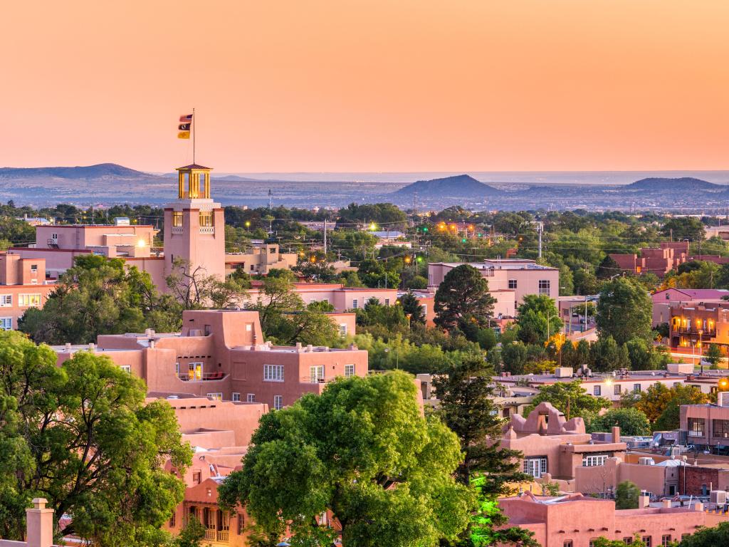 Santa Fe, New Mexico, USA downtown skyline at dusk.