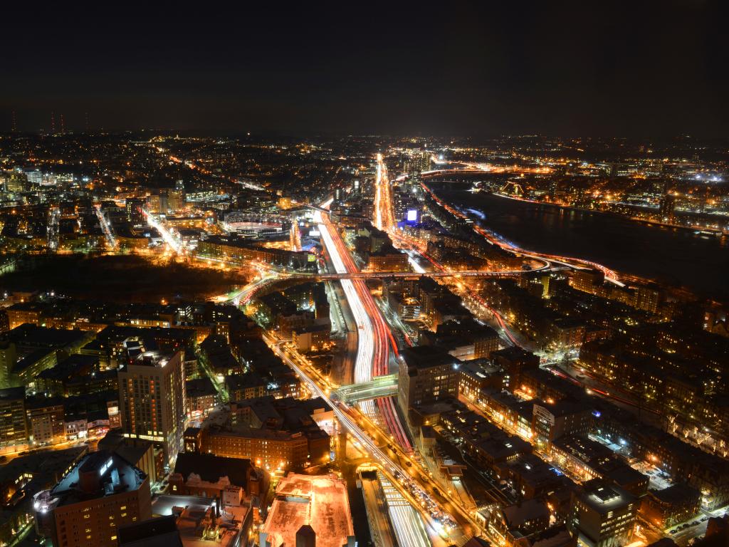 Boston Skyline at night  including Fenway Park and Interstate Highway I-90  from top of Prudential Center Boston, Massachusetts