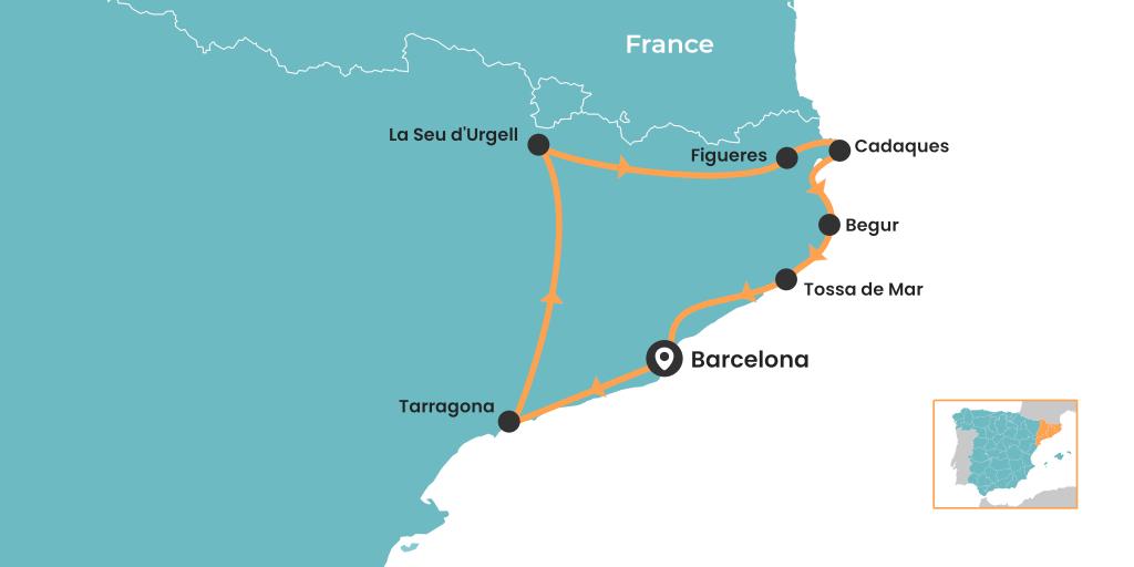 Catalonia road trip starting and ending in Barcelona - map