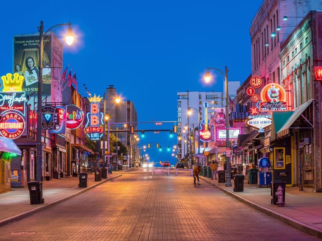 Beale Street in Memphis, Tennessee on a perfect clear night with deep blue skies