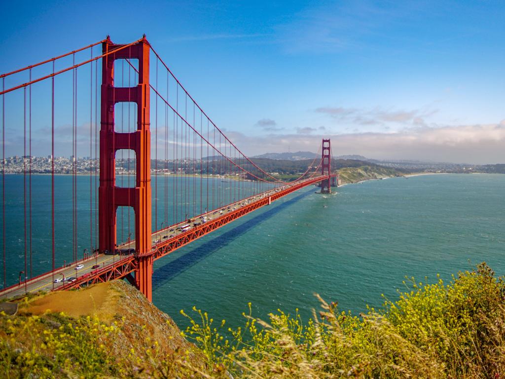 Golden Gate Bridge, San Francisco, USA from the Marin Headlands taken on a sunny day.