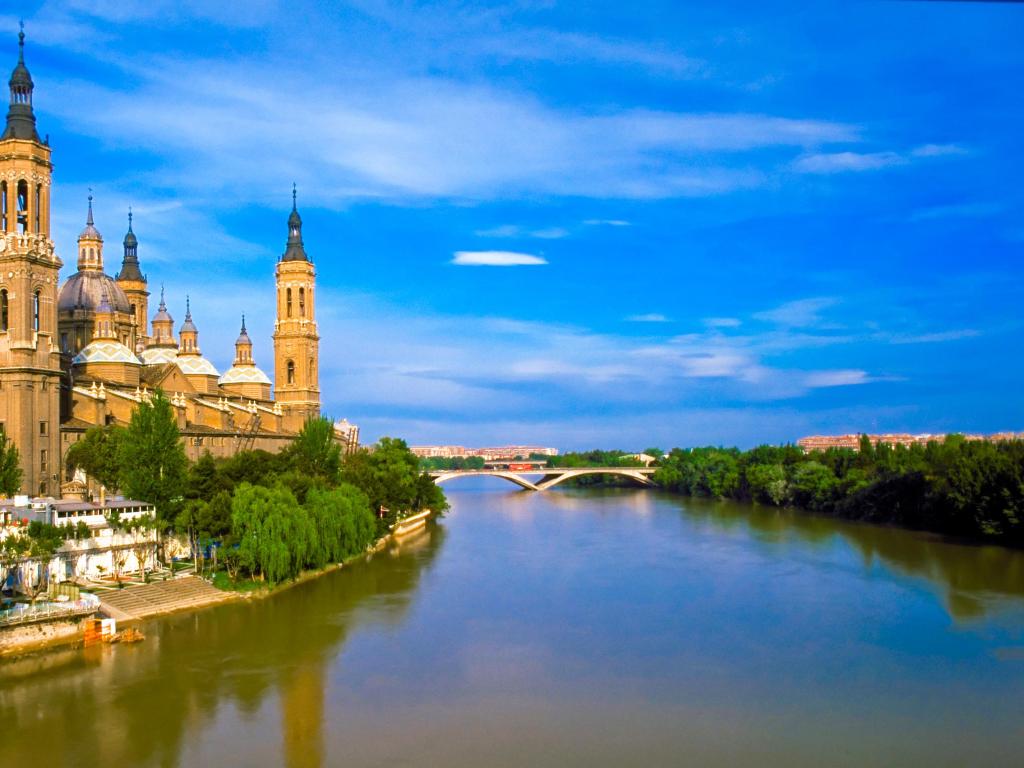 View of Pilar's cathedral and Ebro river in Zaragoza, Spain