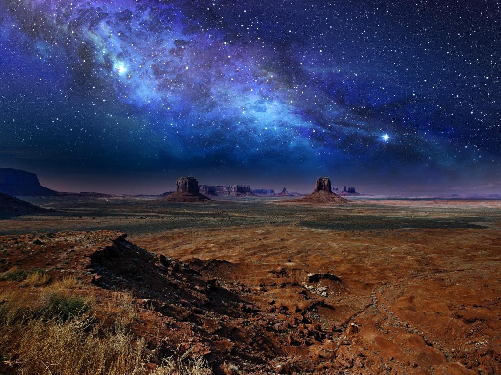 Starry night sky over the Monument Valley
