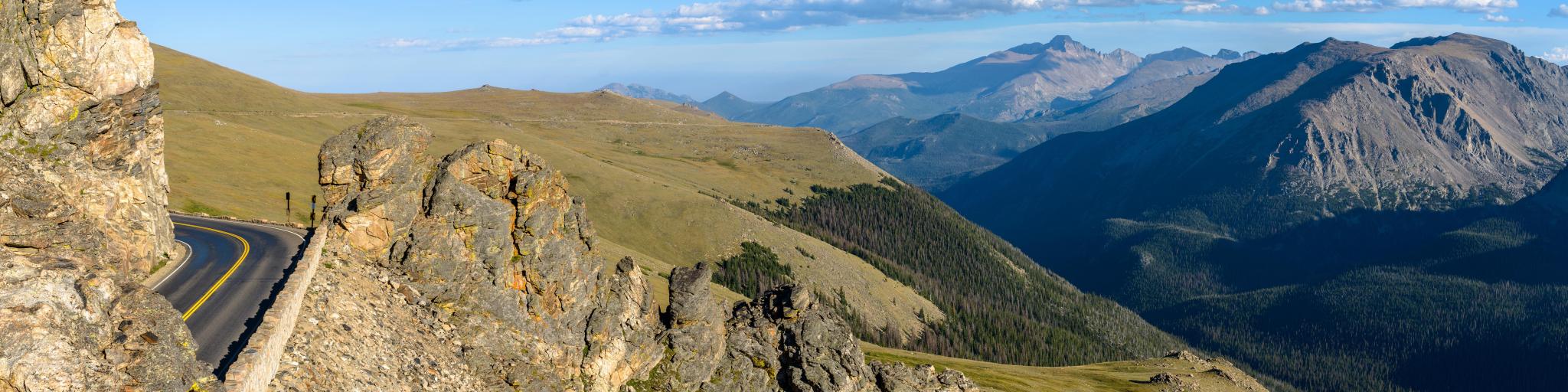 A panoramic evening view of Trail Ridge Road at Rock Cut, Rocky Mountains National Park, USA
