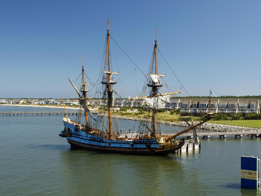 Old sailing boat docked at Lewes harbor, the First Settlement in Delaware