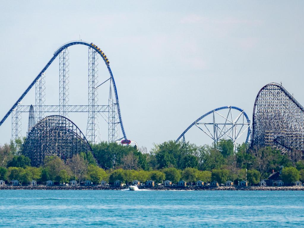 Famous roller coasters of Cedar Point Amusement Park in Sandusky on a sunny day