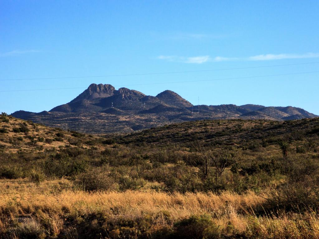 View of the Sierra Blanca and Davis Mountains along Interstate 10 heading into Fort Stockton, Texas