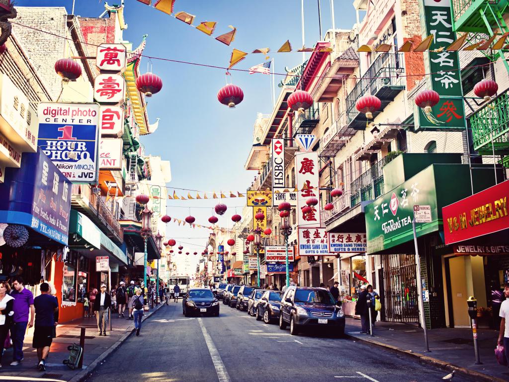 Shopping street in Chinatown in San Francisco, California, with lanterns strung overhead