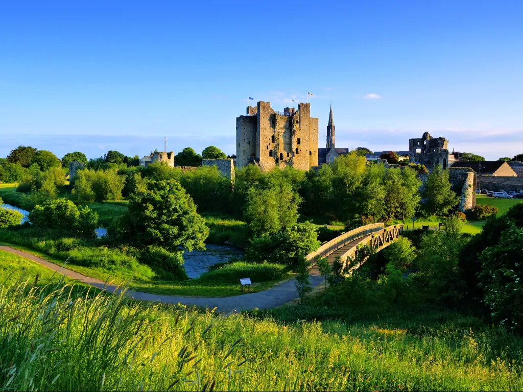 Historic Trim Castle with foot bridge. Late day light, County Meath, Ireland