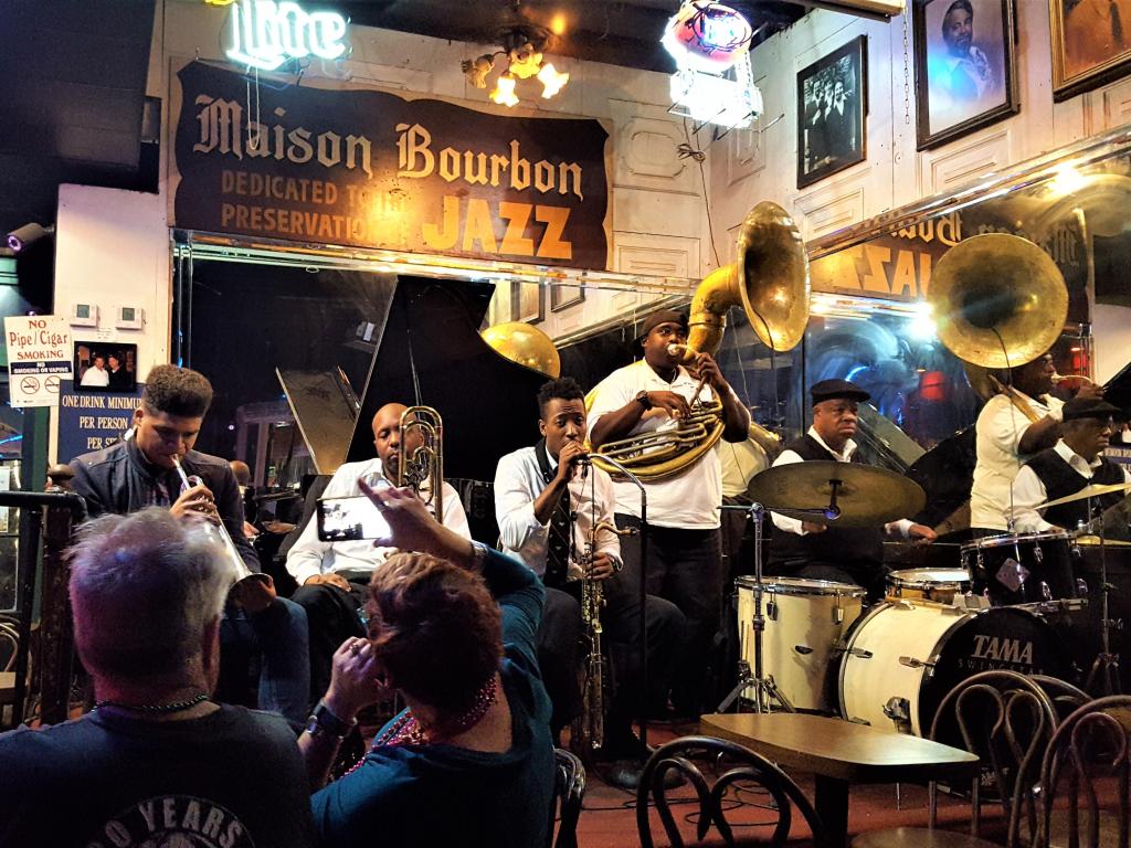 Jazz band playing beautiful jazz and blues songs in a pub on the Bourbon walking street in New Orleans.