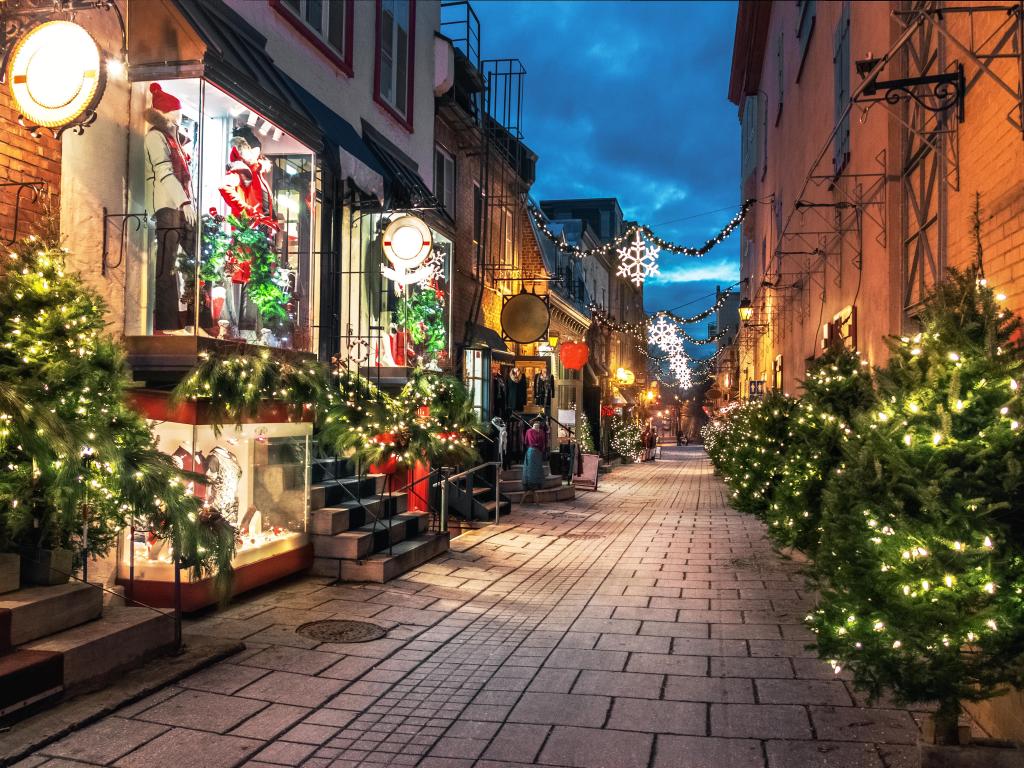 Quiet street in the evening with boutique shops, Christmas trees decorated with white lights
