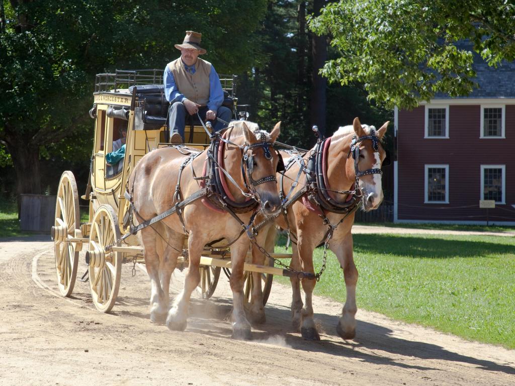 Period actor recreates a stage wagon ride for visitors on July 15, 2009 in Old Sturbridge Village, MA.