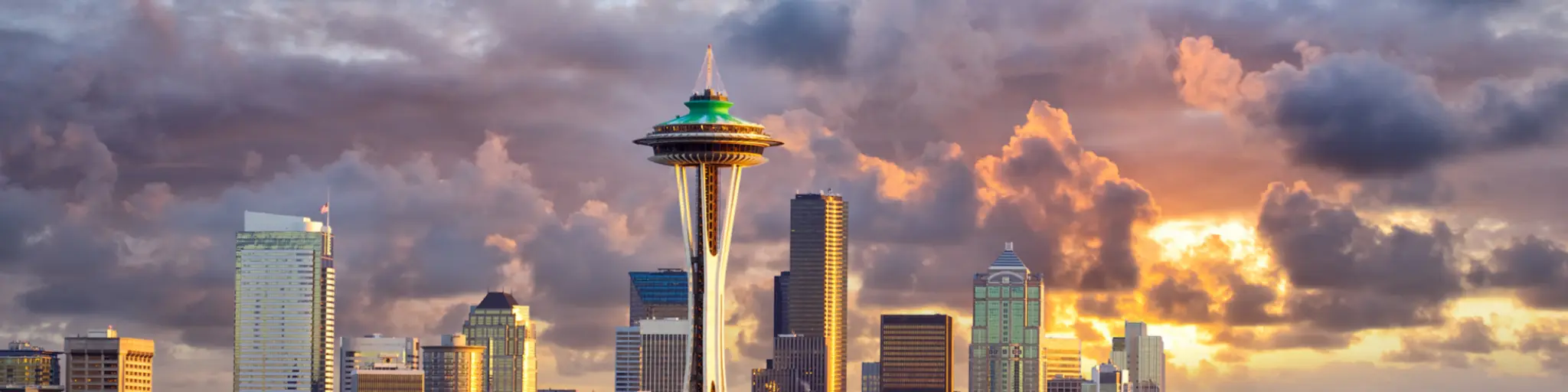 The futuristic Space Needle dominates the Seattle skyline on a cloudy day