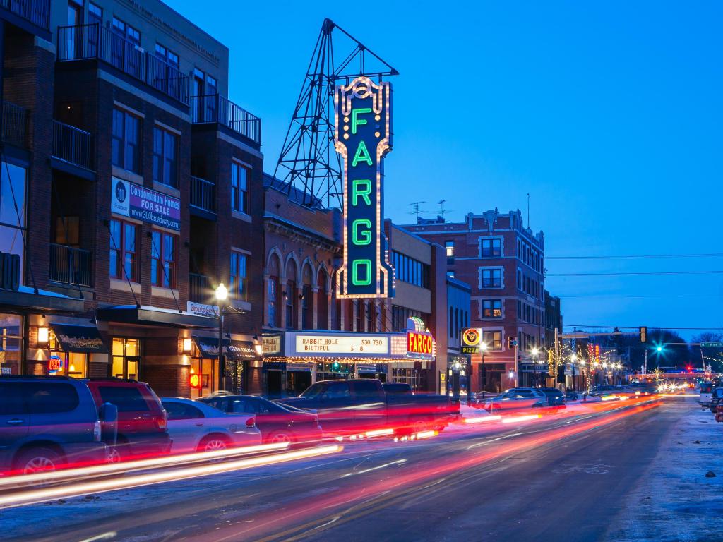 Fargo Main St. and theater at dusk on a cold spring evening.
