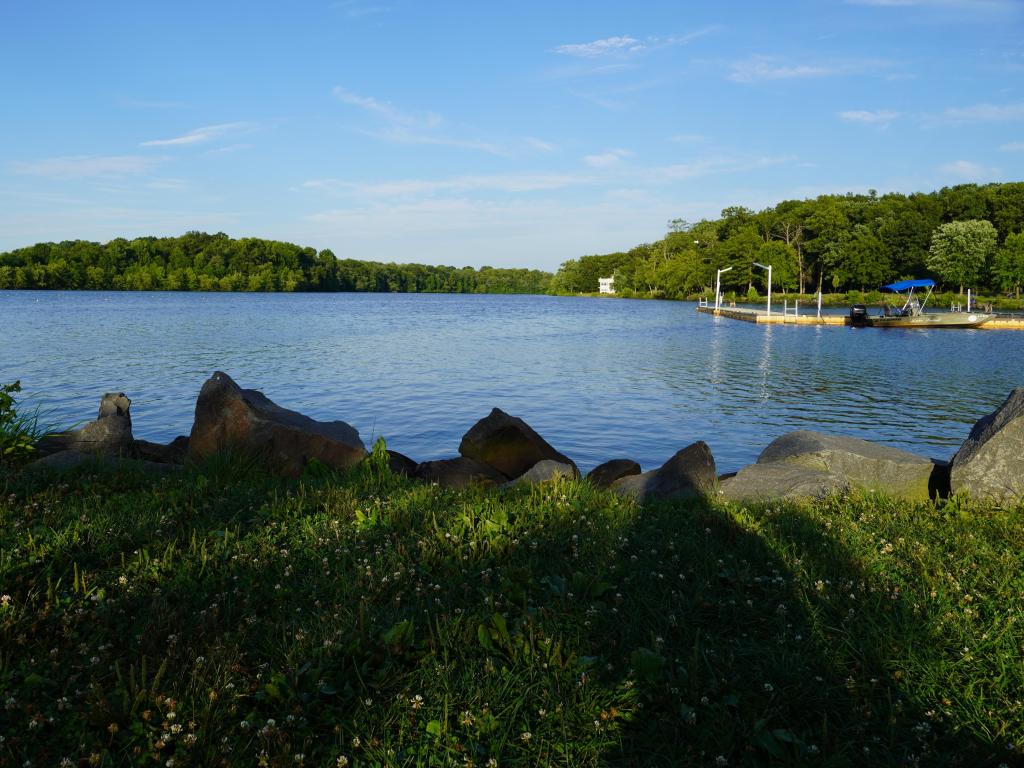 Sunny summer view across Mercer Lake at Mercer County Park, with grassland in the front of the picture and expansive lake and woodlands, New Jersey