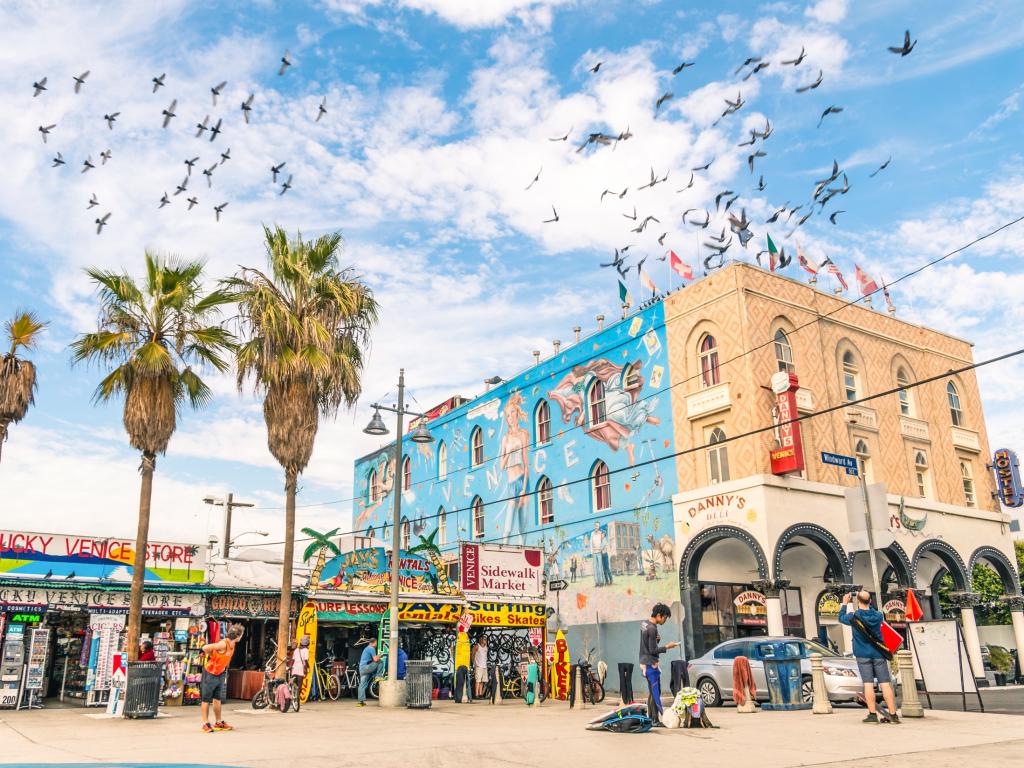 A bright day in December at Ocean Front Walk in Venice Beach, Los Angeles