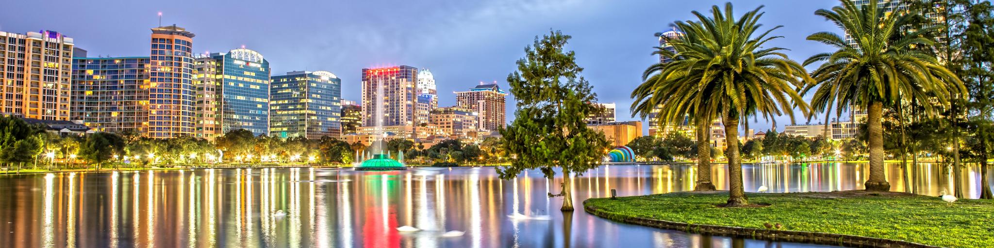 Orlando, Florida, USA taken at downtown Orlando from Lake Eola Park at night.