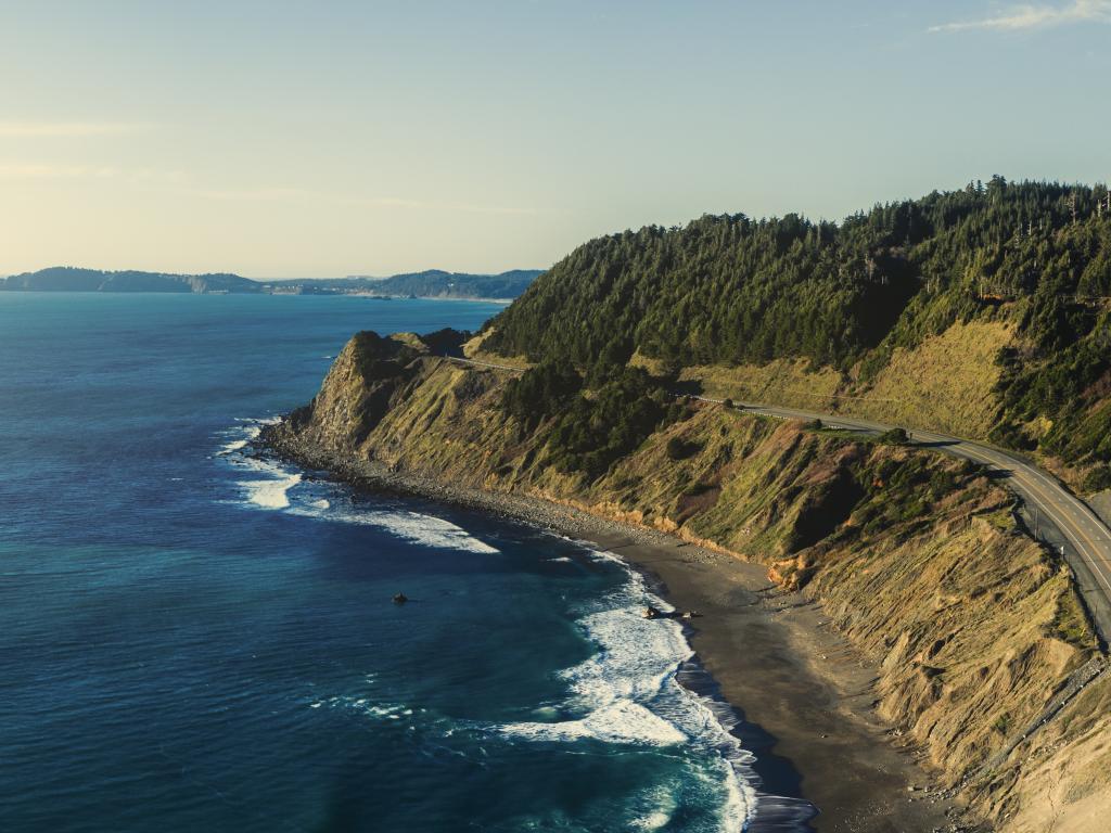 Pacific Coast Highway 101 running along the Pacific Ocean in Oregon near Port Orford.