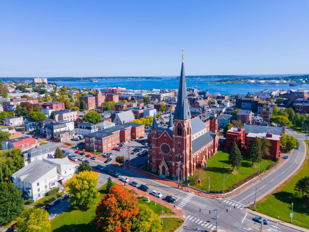 Portland Cathedral of the Immaculate Conception at 307 Congress Street in downtown Portland, Maine ME, USA.