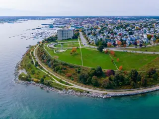 Aerial view of Portland East End, Fish Point, Munjoy Hill and Portland Harbor, Portland, Maine ME, USA