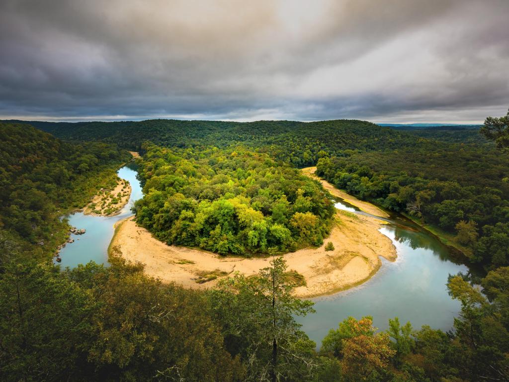 View of Horseshoe Bend in Arkansas Ozark Mountains, under a cloudy sky