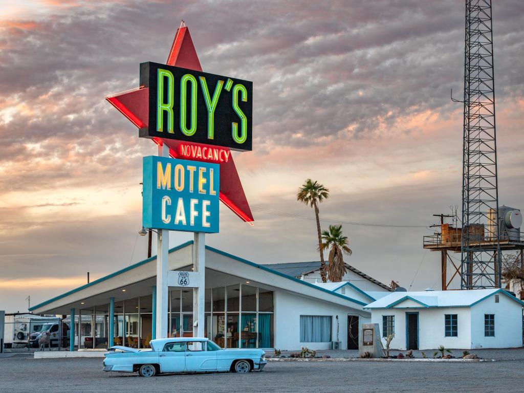 Famous roadside attraction Roy's Motel and Cafe during sunset