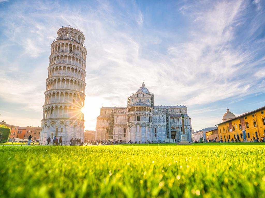 Pisa Cathedral and the Leaning Tower on a sunny day in Pisa, Italy.