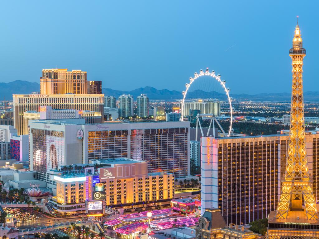 Las Vegas, Nevada, USA with hotels and casinos along the strip taken at dusk.