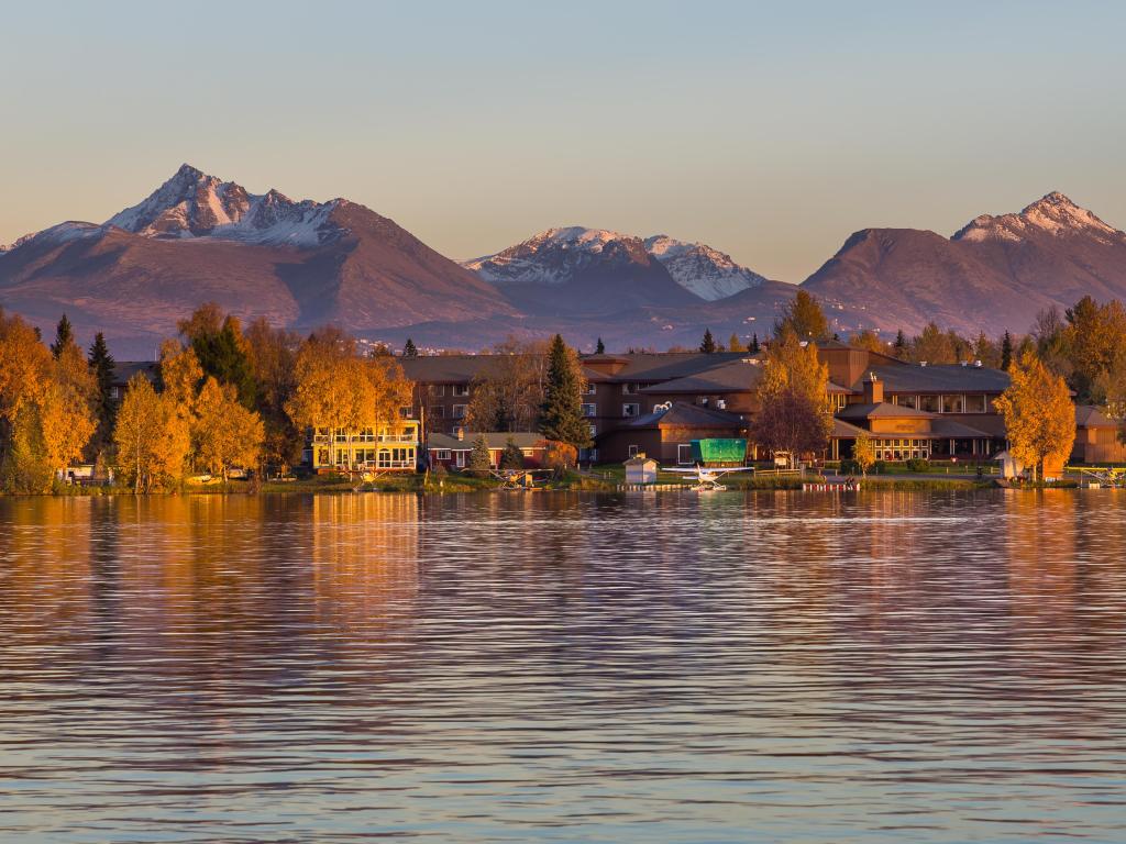 Warm colors of sunset at Spenard Lake in Anchorage. USA.